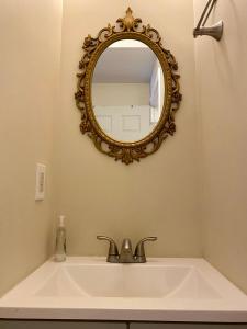 a bathroom with a sink and a mirror on the wall at Historic Townhouse Oasis with En-suite Bathroom in Philadelphia +29 photos
