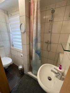 a bathroom with a sink and a shower at Wohnung im Herzen der historischen Altstadt in Hannoversch Münden