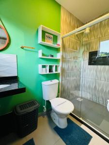 a green bathroom with a toilet and a shower at Stúdio equipado em Xerém - St 6 in Xerém +20 photos