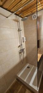 a shower with a glass door in a bathroom at Cabana dintre Salcami in Durau +26 photos