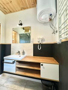 a bathroom with a sink and a mirror at Leszczynowa Górka -Mazurskie Siedlisko w Silcu in Srokowo