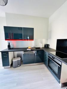 a kitchen with black cabinets and a black counter top at zum Frühling in Schweinfurt +20 photos