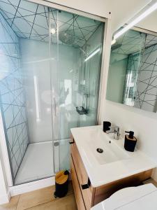a bathroom with a shower and a white sink at Coquette maisonnette - Vue Jet d'eau - Lac Léman in Bossey