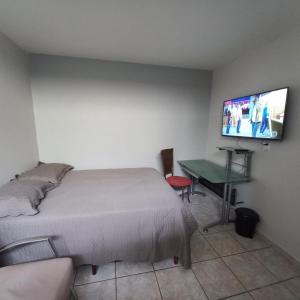 a bedroom with a bed and a flat screen tv at Apartamento 2 quartos Asa Norte com cozinha excelente localização in Brasilia