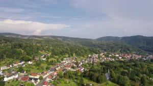an aerial view of a town in the mountains at Idylissches Ferienhäusle im Thüringer Wald in Suhl