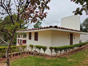 a white house with a row of trees in front of it at La Cabaña Zacatlán in Zacatlán