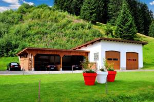 a small house with red pots in the grass at Bergquell Tirol in Jungholz