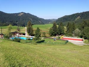 a large field with a park with a swimming pool at Bergquell Tirol in Jungholz