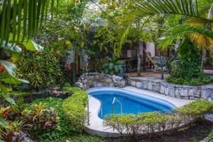 a swimming pool in a garden with trees and plants at Jardín Secreto Bungalows in Aquismón