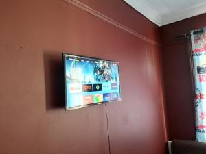a flat screen tv hanging on a wall at 37 The trout Lodge in Cape Town