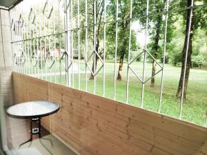 カウナスにあるCozy Noko Apartmentsの木々のある窓の前のテーブル