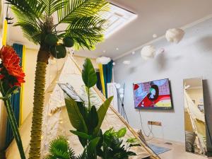 TV a/nebo společenská místnost v ubytování 连云港柒夕精品民宿 花果山店