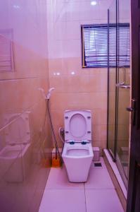 a bathroom with a toilet and a shower at Owee Hotel Apartment and Suites in Lagos +23 photos