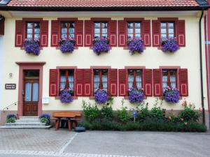 a house with red shuttered windows and purple flowers at Haus Am Bühl in Schönau im Schwarzwald