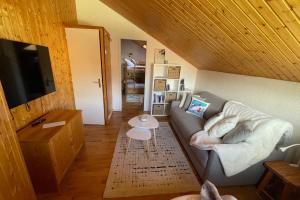 a living room with a couch and a tv at Duplex du Piolet - Welkeys in LʼHuez