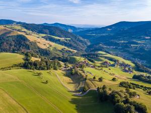 an aerial view of a golf course in the mountains at Haus Am Bühl in Schönau im Schwarzwald
