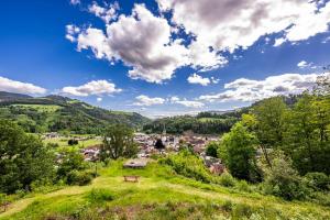 a view of a town from a hill with a bench at Haus Am Bühl in Schönau im Schwarzwald