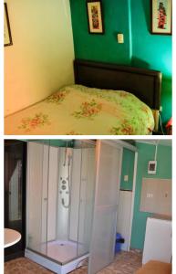 1 dormitorio con 1 cama con armario de cristal en IG Suites & Apartment, en Cusco