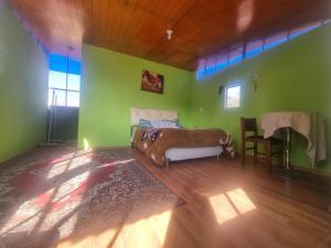 1 dormitorio con 1 cama en una pared verde en IG Suites & Apartment, en Cusco