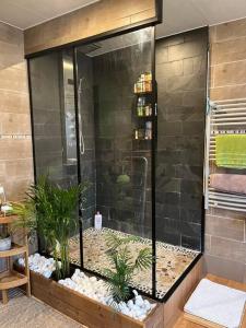 a bathroom with a shower with a fish tank at Maison de village in Villeroy