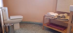 een badkamer met een toilet en handdoeken op een plank bij Vivelorural casa El Gargujo con piscina in Santa Brígida +21 foto's