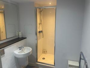 a bathroom with a shower with a sink and a shower at Radio City Apartments in Liverpool
