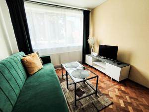 a living room with a green couch and a tv at Cozy A Noko Apartment in Murava