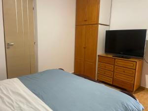 a bedroom with a bed and a television on a dresser at Anastasias apartments in Sarandë