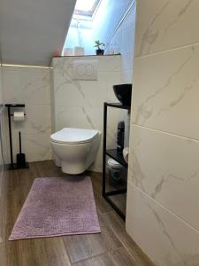 a bathroom with a toilet and a pink rug at Apartment Felix in Split