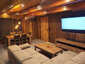 a living room with a couch and a flat screen tv at Apartamenty Gubalowski Las in Nowe Bystre