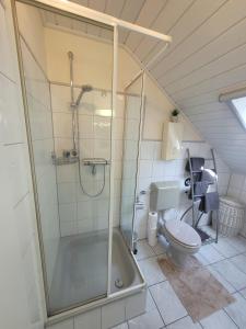 ハイムバッハにあるVakantiewoning - Thuis in Heimbachのシャワーとトイレ付きのバスルーム +12枚の写真