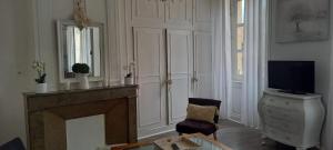 a living room with a fireplace and a television at Gite le Soujet in Saint-Amour