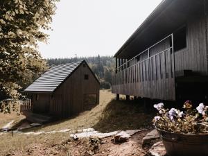 a barn and a house with a flower pot at Slow Huts in Miedzygorze +61 photos