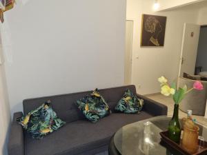 a living room with a couch with pillows and a table at Hibiscus et Miro in Ducos