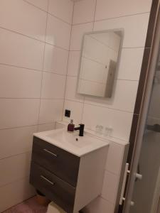 ein Badezimmer mit Waschbecken und Spiegel in der Unterkunft FeWo-StoneWay in Beckingen + 37 Fotos