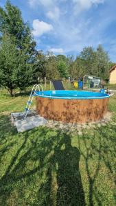 a swimming pool with a ladder in a yard at Ubytování Dobešov in Černovice