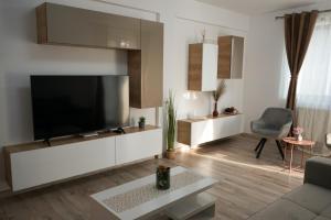 Mirandis Apartments - Modern Stays with Free Parking near Coresi Mall的电视和/或娱乐中心