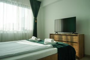 Mirandis Apartments - Modern Stays with Free Parking near Coresi Mall的电视和/或娱乐中心