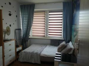 a bedroom with a bed and a window with blue curtains at Apartamenty na doby in Siedlce +1 photo