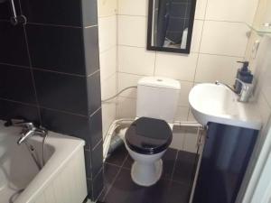 a bathroom with a black and white toilet and a sink at Apartamenty na doby in Siedlce