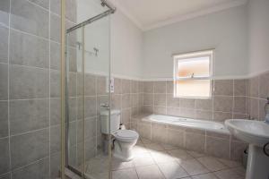 a bathroom with a shower and a toilet and a sink at Somerset Wineland Apartments & Wellness in Somerset West