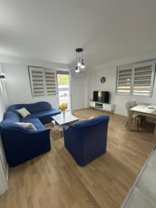 ZlokukjaniにあるLux apartmentsの青いソファとテーブルのあるリビングルーム