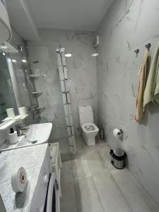 ZlokukjaniにあるLux apartmentsのトイレと洗面台を備えた白いバスルーム +8枚の写真
