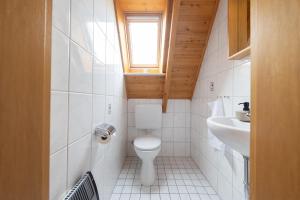 a small bathroom with a toilet and a sink at Ferienhaus Nordertill 11 in Dorum Neufeld +35 photos