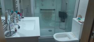 a bathroom with a shower and a sink and a toilet at Piso zona feria in Albacete