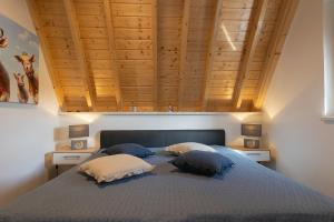 ドルム・ノイフェルトにあるFerienhaus "Julia" Mellumplate 64の枕が2つ置かれたベッドのある寝室