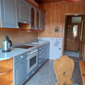 a kitchen with blue cabinets and a sink and a refrigerator at Kiara Apartments & Rooms in Jesenice