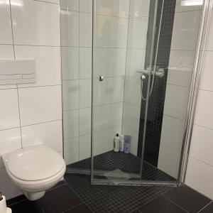 a bathroom with a shower and a toilet at Engen 6 in Bergen +6 photos