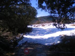 a snow covered path with a person walking down a snow covered road at casa eras irene in Moratalla