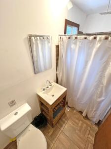 a bathroom with a toilet and a sink and a mirror at Casa Moderna entre Coihues in San Carlos de Bariloche